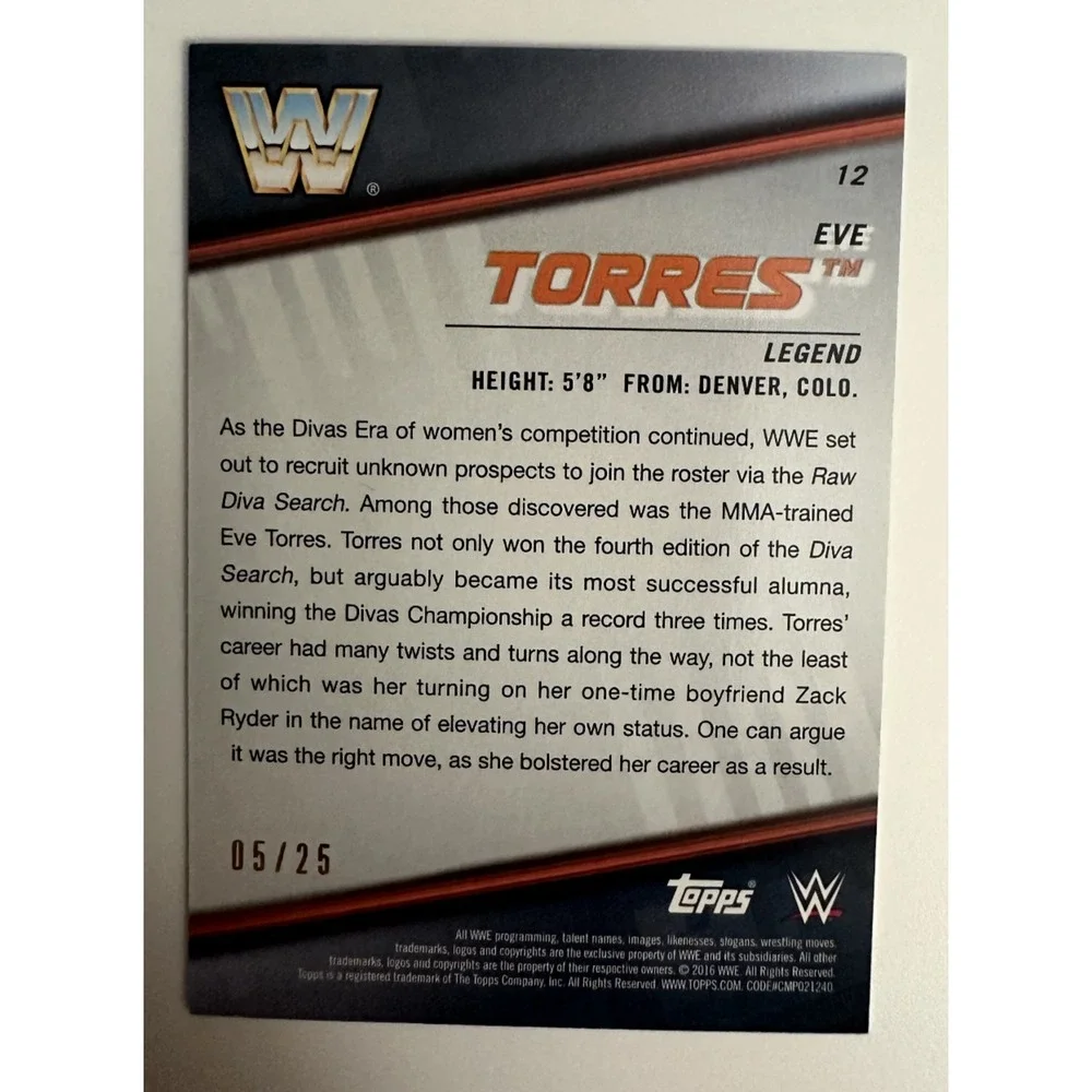 WWE Legends Eve Torres 2016 Topps Certified Autograph Card 05/25 Rare Signed